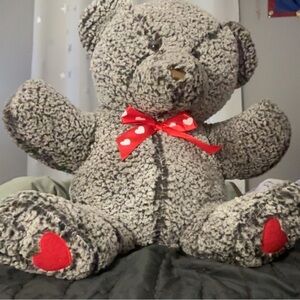 Gray Big Teddy Bear with Red Heart Accents